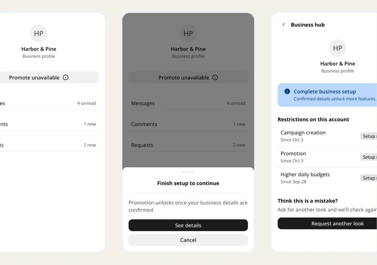 Three mobile screens for a fictional business: a profile showing a promotion is unavailable, a prompt to finish setup before continuing, and a hub listing current restrictions with a way to request a review.